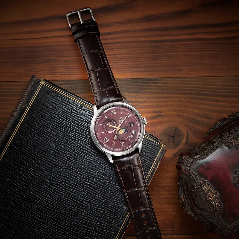 Orient Bambino Sun and Moon Bordeaux Dial Men's Watch- RA-AK0807R